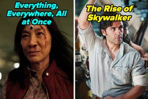 Split image: Left shows a woman from "Everything, Everywhere, All at Once"; right is a man from "The Rise of Skywalker"
