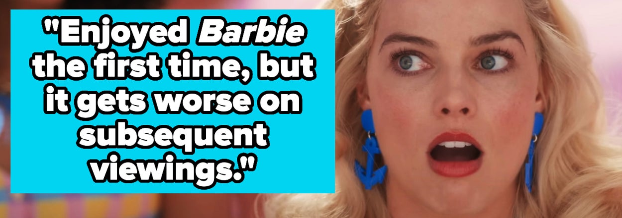 Margot Robbie as Barbie looks surprised, quote on image criticizes movie rewatchability
