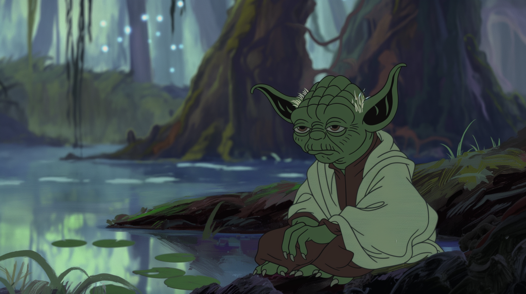 Yoda from Star Wars sitting contemplatively in a swampy forest environment