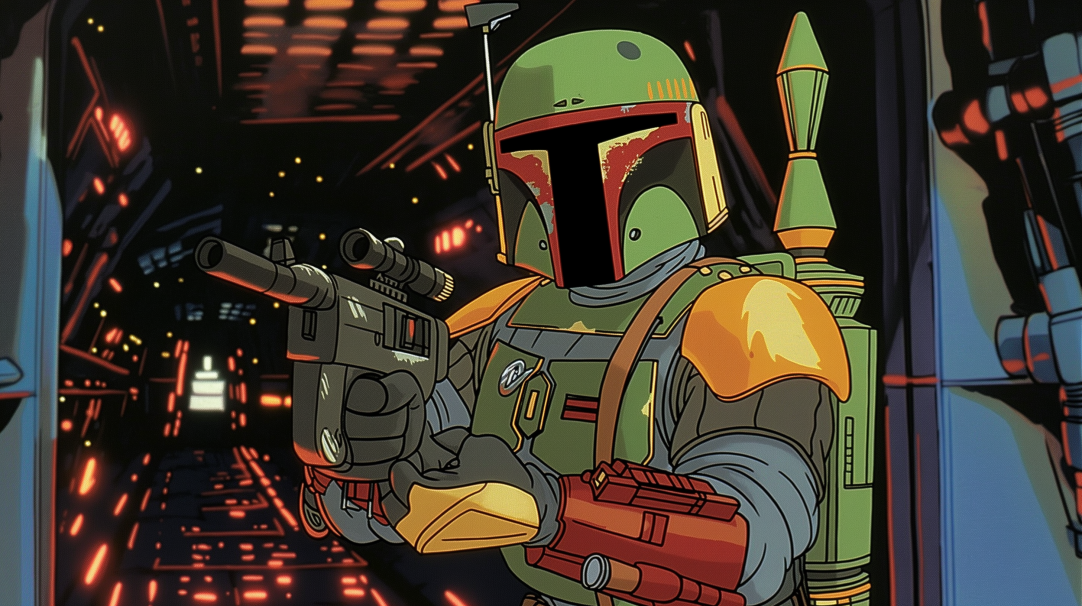 Boba Fett from Star Wars, in animated style, holding a blaster in a spaceship corridor