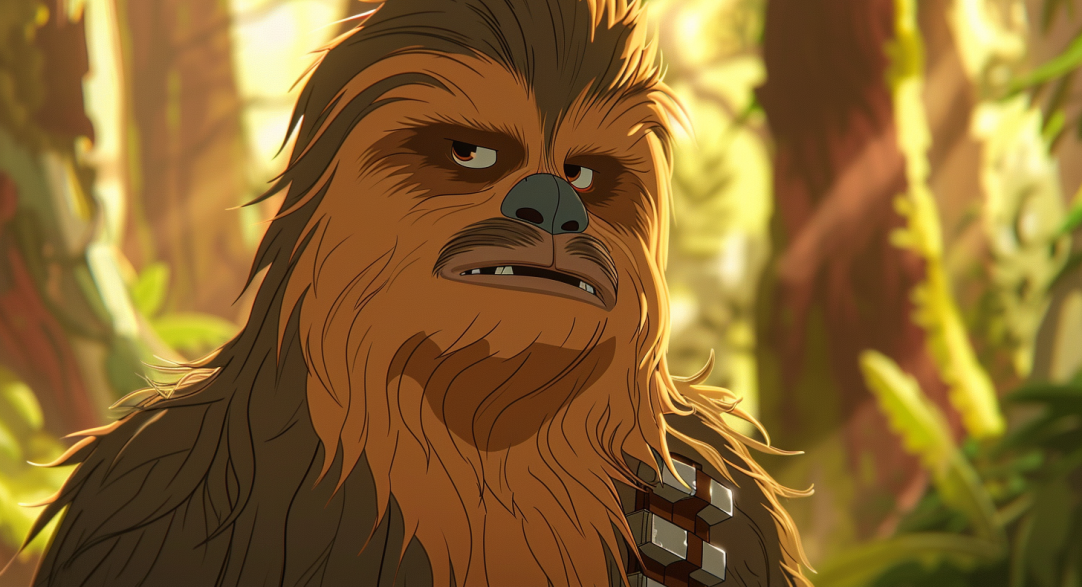 A close-up of Chewbacca from Star Wars animated in a natural setting