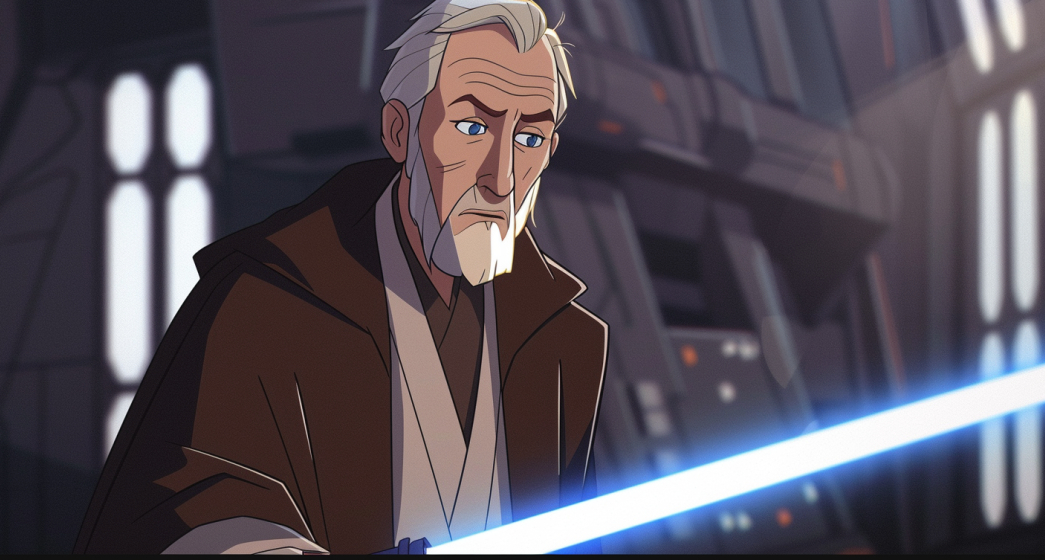 Illustration of Obi-Wan Kenobi, animated character, wielding a lightsaber