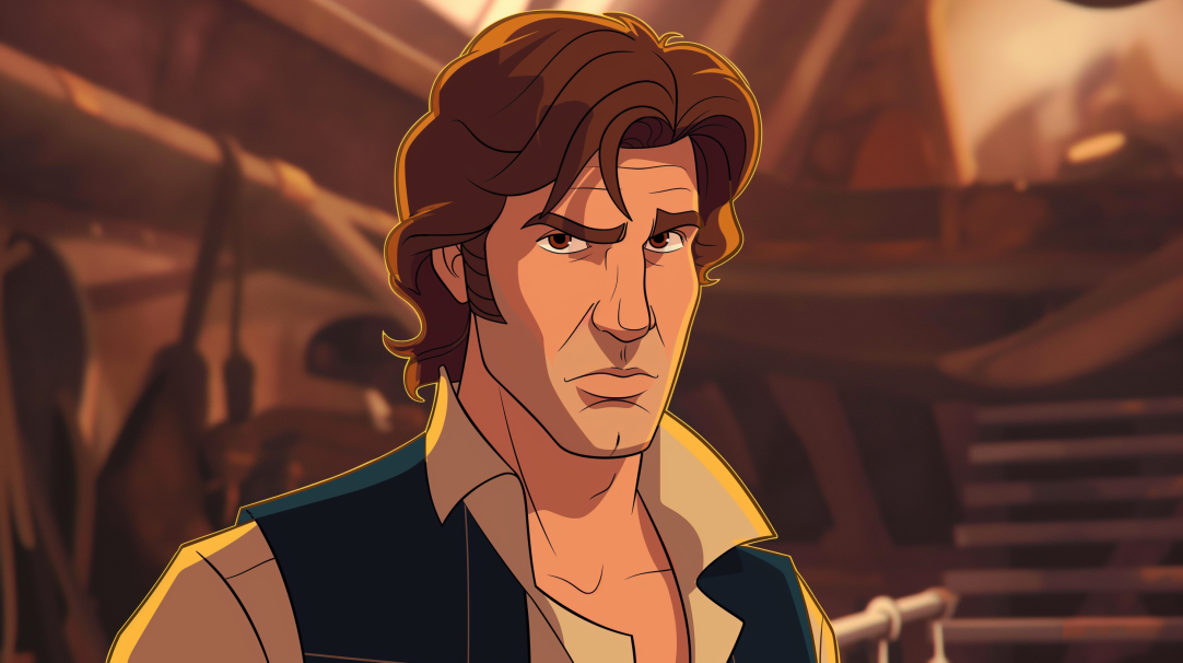 Animated character resembling Han Solo in a vest standing in front of a spaceship background