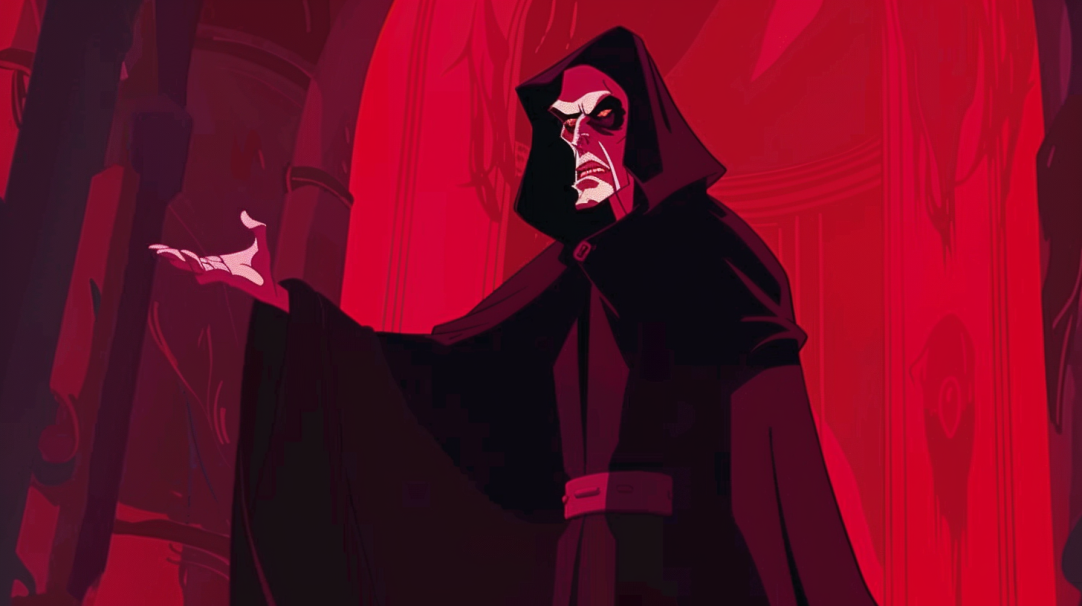 Emperor Palpatine in his sorcerer attire holding out his hand in a scene from Disney's Aladdin