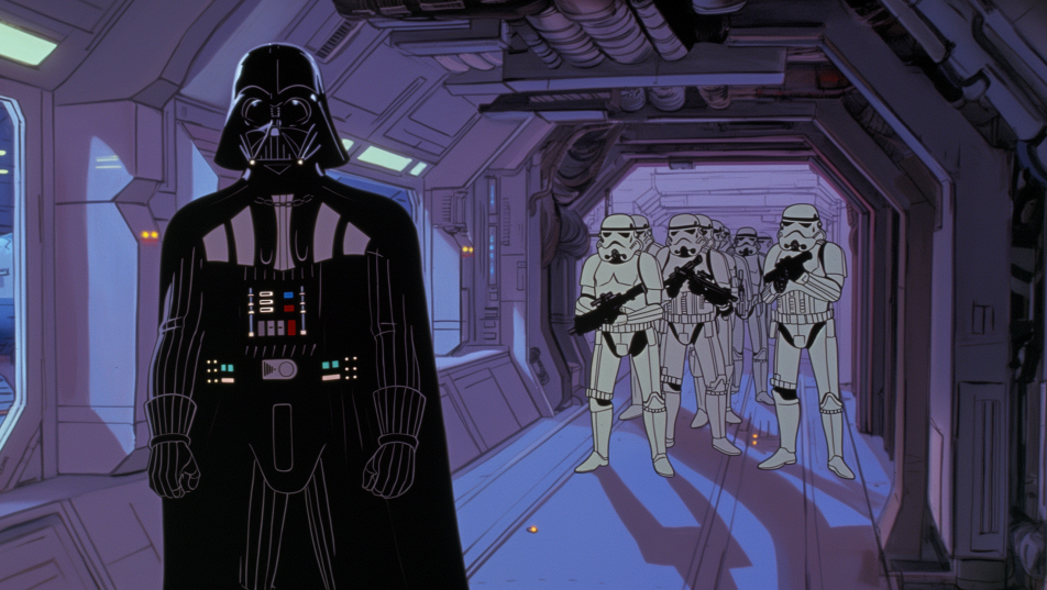 Darth Vader leading stormtroopers down a spaceship corridor
