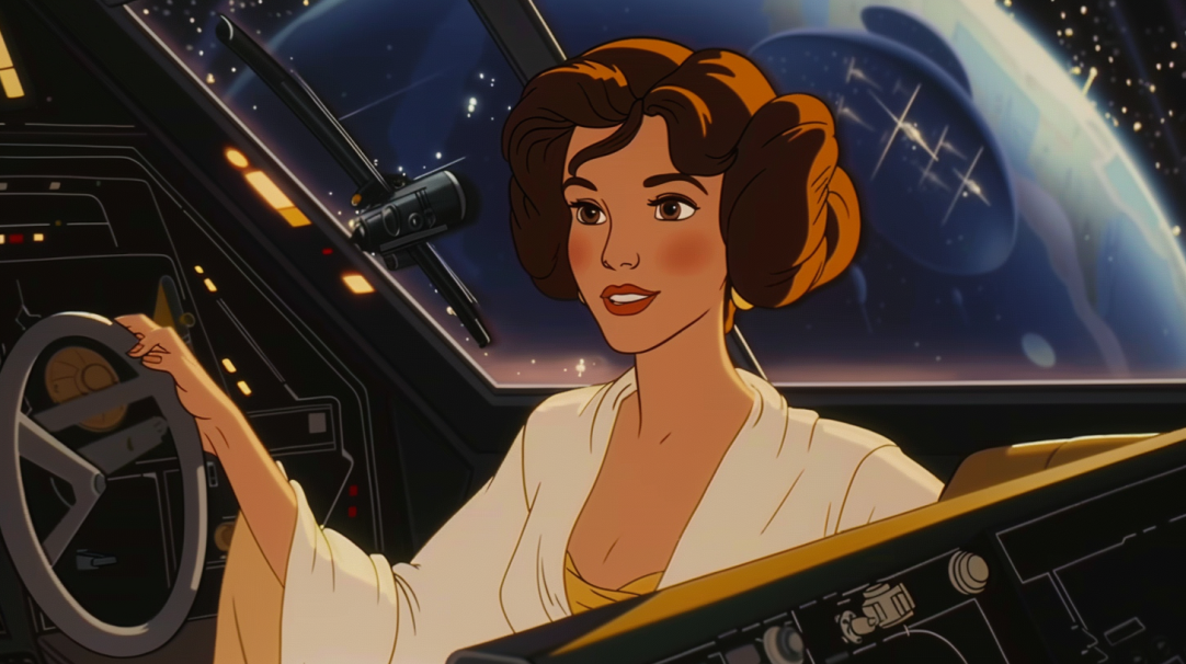 Princess Leia pilots a spacecraft in an animated scene
