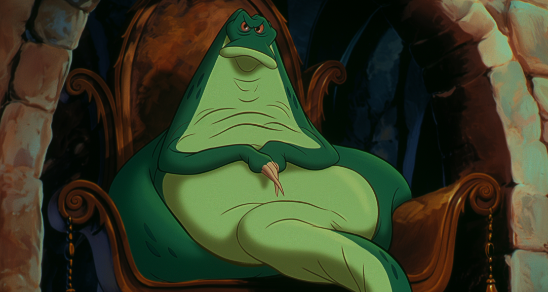 Animated character Jabba the Hutt from Star Wars sits on his throne, looking imposing