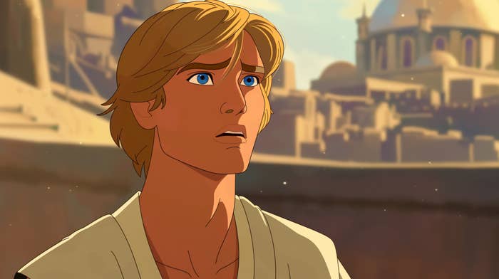 Animated quality  resembling Luke Skywalker successful  a contemplative airs  with a cityscape background