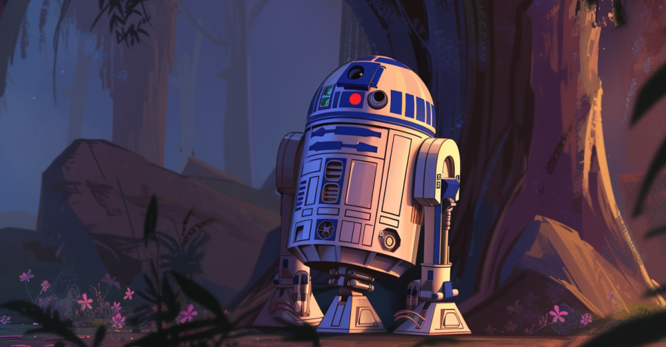R2-D2 stands in a forest with light beams filtering through trees