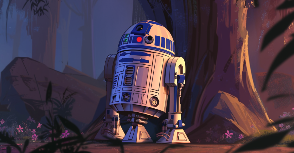 R2-D2 stands in a forest with light beams filtering through trees