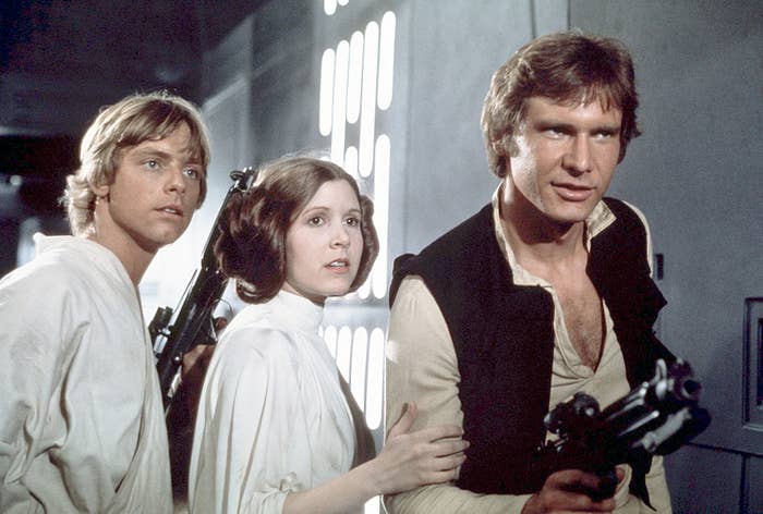 Luke Skywalker, Princess Leia, and Han Solo in a still from the movie Star Wars