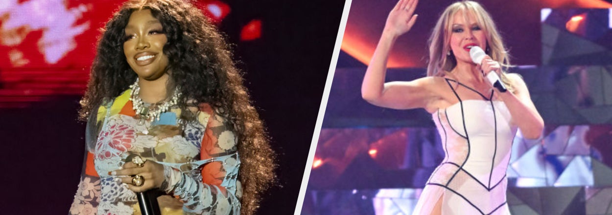 Left: Person with curly hair in a floral top and jeans performs. Right: Performer sings in a white and black outfit