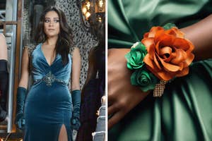 Shay Mitchell from "Pretty Little Liars" in a blue dress and a green and orange corsage.