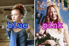 Julia Stiles in "10 Things I Hate About You" in a blue prom dress and Carrie from "Carrie" in a pink dress on stage.