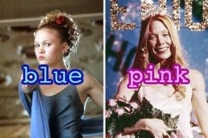 Julia Stiles in "10 Things I Hate About You" in a blue prom dress and Carrie from "Carrie" in a pink dress on stage.