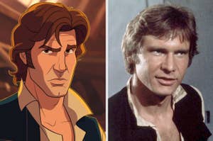 Animated and real-life versions of Han Solo side by side