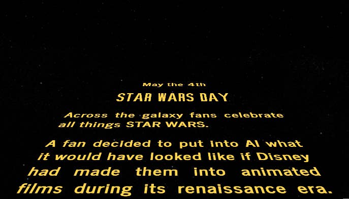 Star Wars Day promotional image with text about fans imagining Disney animated films in the style of the renaissance era