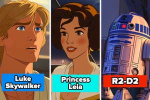 Animated characters Luke Skywalker, Princess Leia, and R2-D2 in a collage from Star Wars