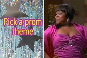 Glittery silver stars with the text "Pick a prom theme" and Mercedes Jones from "Glee" in a pink dress.