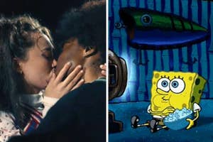 Left: two people kissing. Right: SpongeBob holding a baby version of himself