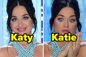 Photo split in two; left side shows Katy Perry smiling, right side shows her with a shocked expression. She wears a beaded necklace