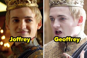 Two side-by-side images of Joffrey Baratheon from Game of Thrones, incorrectly labeled as "Geoffrey" on the right