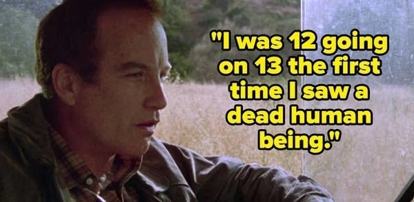 Man in a casual shirt and jacket looks out a window with the quote, "I was 12 going on 13 the first time I saw a dead human being."