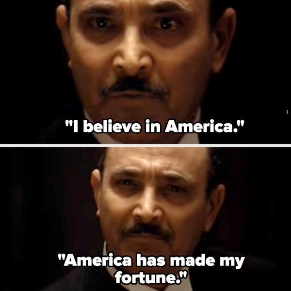 Top image: Close-up of a man saying, "I believe in America."
Bottom image: Same man saying, "America has made my fortune."