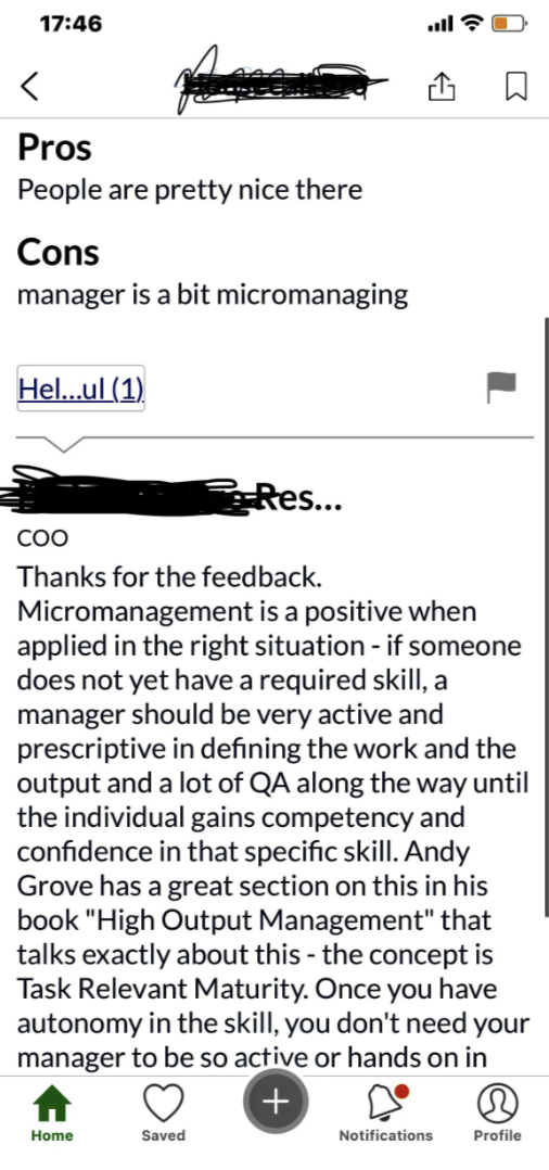 Image shows a review of a workplace by a COO. Pros: People are pretty nice there. Cons: Manager is a bit micromanaging. Micromanagement is discussed in detail