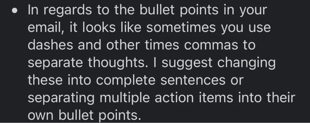 The image contains bullet-pointed text suggesting to use complete sentences or separate action items into individual bullet points, instead of mixing dashes and commas