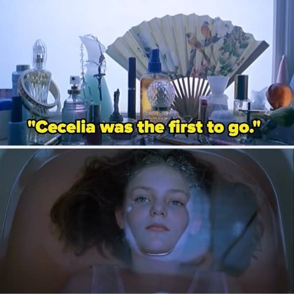 "Cecelia was the first to go." Scene of a girl with wet hair in a bathtub from the film "The Virgin Suicides."