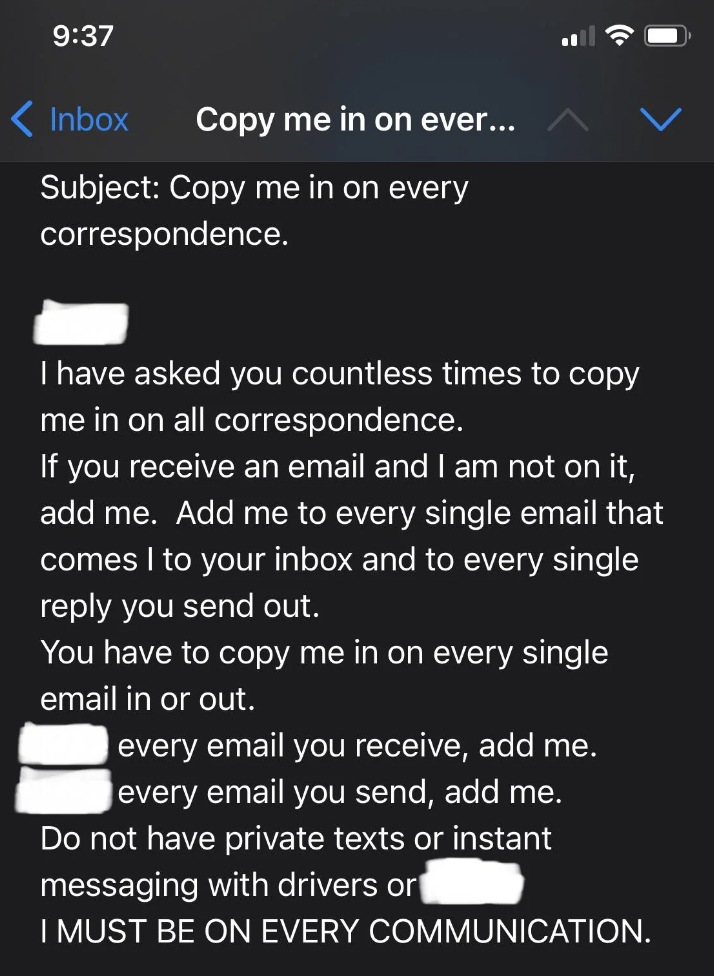 Email text demanding to be copied on all communications, including every email and message, addressed to a recipient