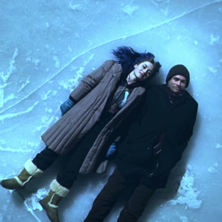 Kate Winslet and Jim Carrey lay on ice, facing up, bundled in coats and gloves in a scene from "Eternal Sunshine of the Spotless Mind."