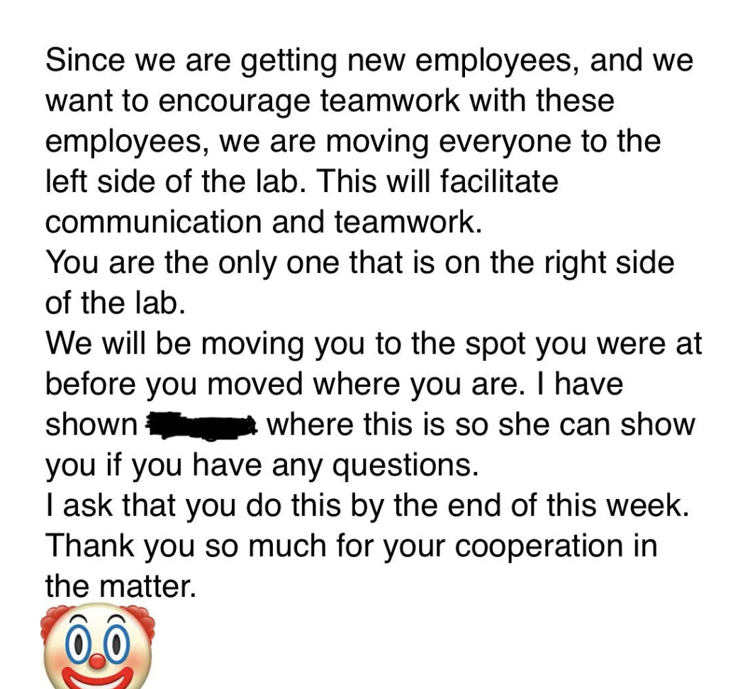 A message notifying an employee about moving to a new spot in the lab to encourage teamwork. Includes a request to complete the move by the end of the week