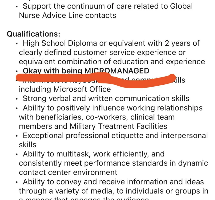 Job qualifications with requirements including a high school diploma or experience, strong communication skills, ability to multitask, and tolerance for micromanagement