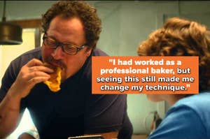 Jon Favreau eating a grilled cheese sandwich, sitting across from Emjay Anthony in a kitchen setting from a scene in the movie "Chef"