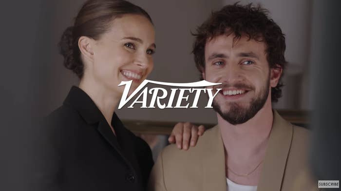 Natalie Portman and Paul Mescal smiling at a Variety event; Natalie in a sophisticated outfit and Aaron in a casual blazer