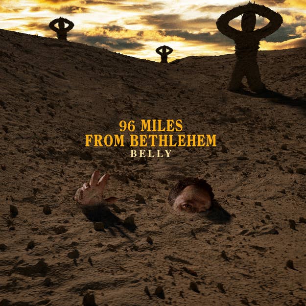 Cover art for Belly's music album "96 Miles from Bethlehem" depicting a surreal desert scene with partially buried figures and distant silhouettes against an evening sky