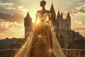A mannequin dressed in an elaborate, sparkling gown stands against a backdrop of an ancient castle at sunset. The gown emits a magical, golden glow