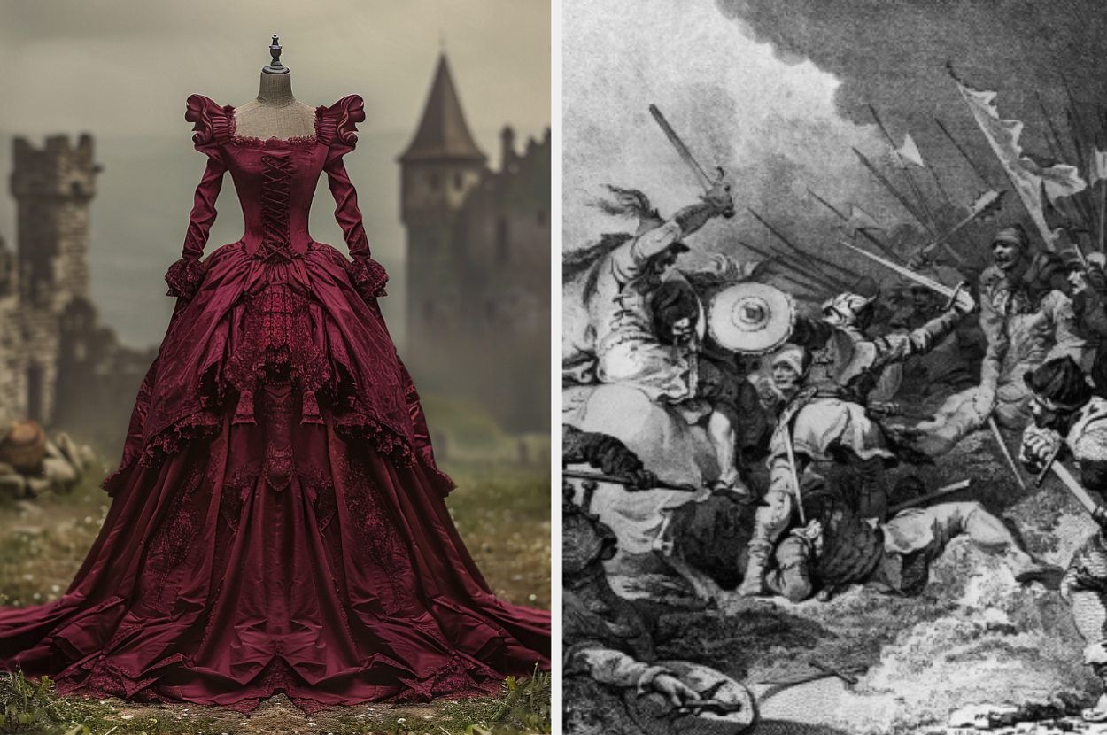 An elegant mannequin displays an intricate Victorian-era gown next to an old black and white illustration of a historic battle scene