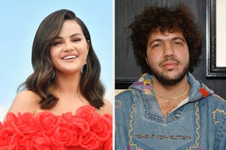 Selena Gomez in an off-shoulder floral dress next to Benny Blanco in a hoodie with a patchwork design