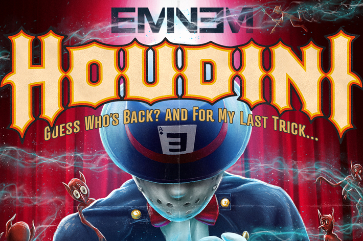 Album cover with text "Eminem Houdini Guess Who's Back? And For My Last Trick..." featuring a mysterious figure in a hat and mask amidst magical elements