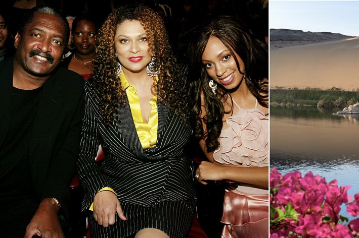 Mathew Knowles, Tina Knowles, and Solange Knowles pose at an event. The image's right side features a scenic view of a river, a sand dune, and flowers