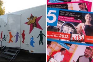 Two images: 1. A white trailer with colorful child silhouettes and a giraffe on the side. 2. Sainsbury's Active Kids 2013 cards with Ellie Simmonds