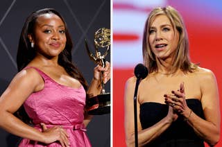 Quinta Brunson holds an Emmy in a sleeveless dress next to Jennifer Aniston speaking at a podium in a strapless dress
