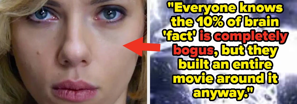 Scarlett Johansson with text: "Everyone knows the 10% of brain 'fact' is completely bogus, but they built an entire movie around it anyway."