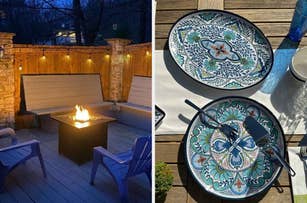 On the left, a cozy outdoor patio setup with a fire pit and string lights. On the right, melamine platters featuring intricate blue and green designs on a wooden table
