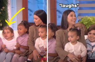 Kourtney Kardashian sits with her children Mason, Penelope, and Reign Disick, along with North West and another child, during a TV interview. Kourtney is seen laughing