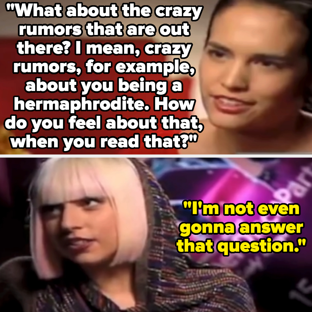 A split image with a news reporter questioning about hermaphrodite rumors, and Lady Gaga wearing a hooded outfit responding, "I'm not even gonna answer that question."
