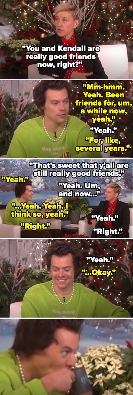 Harry Styles on a talk show discussing his friendship with Kendall Jenner. The text depicts a humorous awkward dialogue between Harry and the show host